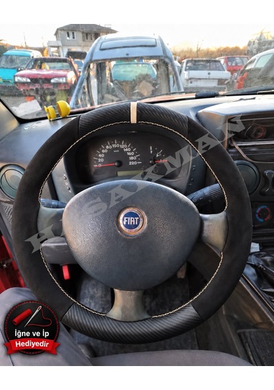 Fiat Albea Dikme Direksiyon Kılıfı Alcantara Süet Mat Karbon Bej Yüzük Ve Dikiş 2002-2012 Siyah