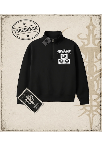 Tarzsokak Gotik & Grunge Streetwear Aware Yarım Fermuarlı Sweatshirt Siyah