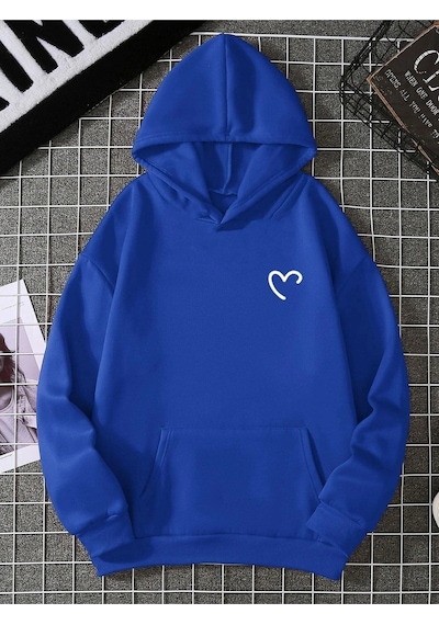 Yarım Kalp Sweatshirt - Saks Mavi Baskılı Oversize Kapüşonlu Sax Mavi