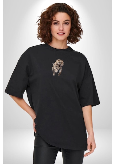 Jaguar Sırtından Çıkan Siyah Oversize Unisex Ön Orta Minimal Baskılı Tişört Siyah