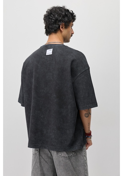 Vamos Oversize Baskılı Tişört V70-184 Siyah
