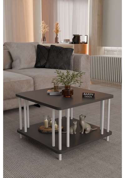 Modern Kare Orta Sehpa Çift Katlı Beyaz Metal Ayaklı Salon, Ofis, Dekoratif Masa Antrasit Modern Kare Orta Sehpa Çift Katlı Beyaz Metal Ayaklı Salon, Ofis, Dekoratif Masa Antrasit