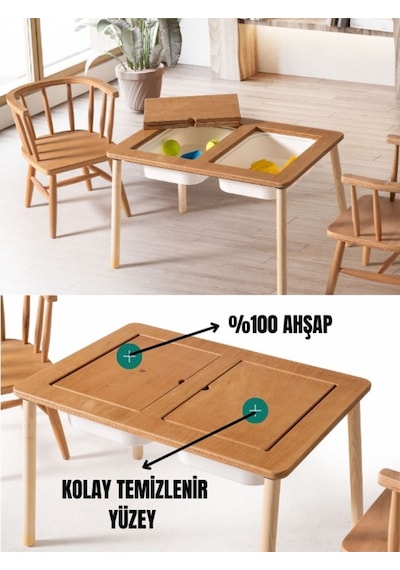 Montessori Çift Hazneli 1 Sandalyeli Aktivite Masası Remy Ahşap
