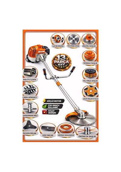 Dragro German Drg-13 + Yan Tipi Benzinli Ot Çalı Çim Biçme Tırpanı + Full Set Hediyeli + Çift Çapa T