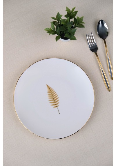 Tabak Evi Porselen Natura Fern Altın Yaldız Pasta Tabağı 20,50cm Tekli Çok Renkli