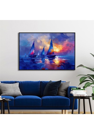 Yağlı Boya Dokulu Tablo Modern Denizde Yelkenliler Siyah Çerçeveli U06015-178980