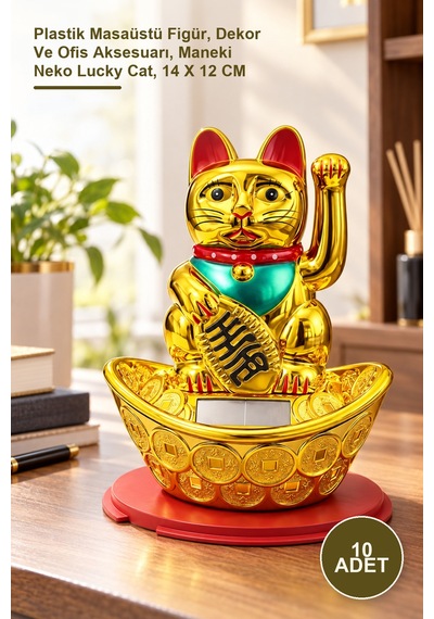 10 Adet Pati Salayan Şans Kedisi Plastik Masaüstü Figür, Dekor Ve Ofis Aksesuarı, Maneki Neko Lucky Cat, 14 X 12 Cm 1