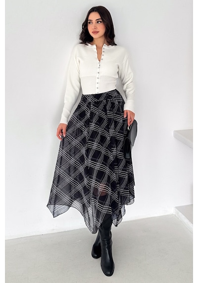 Kadın Asimetrik Kesim Ekose Midi Etek Plaid Motion Siyah