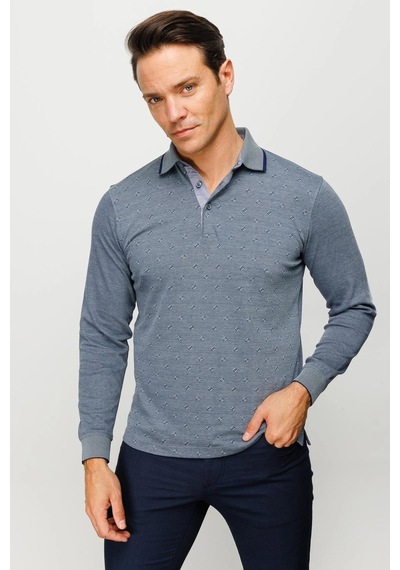 Desen Triko Erkek Polo Yaka Kare Desenli Uzun Kollu Sweatshirt Füme Füme