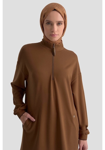 Armine Trend Yarım Fermuarlı Kolları Ribanalı Cepli Örme Tunik Taba 25kt461 Taba