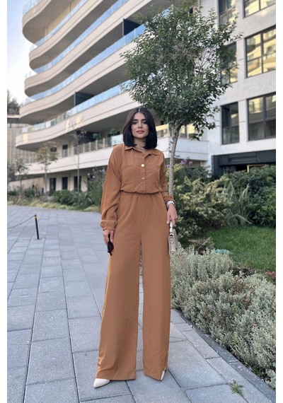 Kadın Taba Uzun Kol, Gömlek Yaka, Beli Lastikli, 4 Cepli, Bilekleri Lastikli, Salaş Tulum Kahve