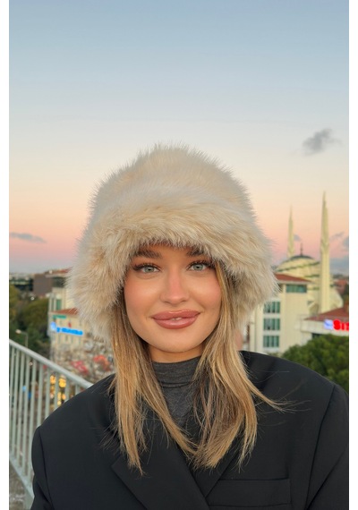 Mollycrush Luxury Kadın Bej Uzun Tüylü Suni Kürklü Peluş Rus Slav Tarzı Bucket Kalpak Şapka Bej