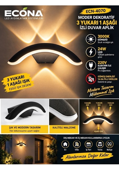 Modern Dekoratif 3 Yukarı 1 Aşağı Işık İzli Duvar Aplik - 3000k Günışığı 24w Ledli Dış/iç Mekan Aplik,ledli Lamba,led Lamba,duvar Aydınlatma