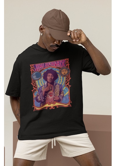 Tasarım Jimi Hendrix Efsane Şarkıcı Baskılı Unisex Oversize Tişör Siyah