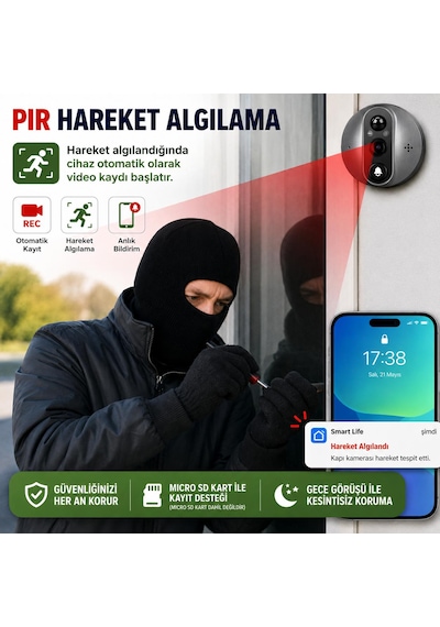 Cmr101 Kapı Zilli Kameramı Ekranlı Güvenlik Kamerası 1080p 2mp Full Hd Görüntü 4.3 İnç Ekran Wifi Akıllı Kapı Kamerası 4.3" Ekran 1080p Hd Görüntülü Kapı Dürbünü Pır Sensörlü