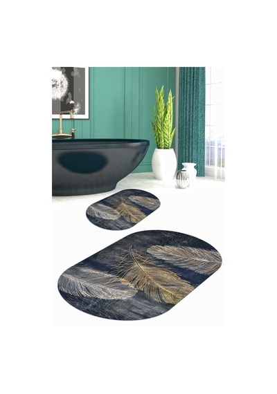 Buççin Online Mağaza Dijital Baskılı Kaymaz Taban Yıkanabilir Oval Banyo Paspası 2'li Klozet Takımı Polyester Çok Renkli