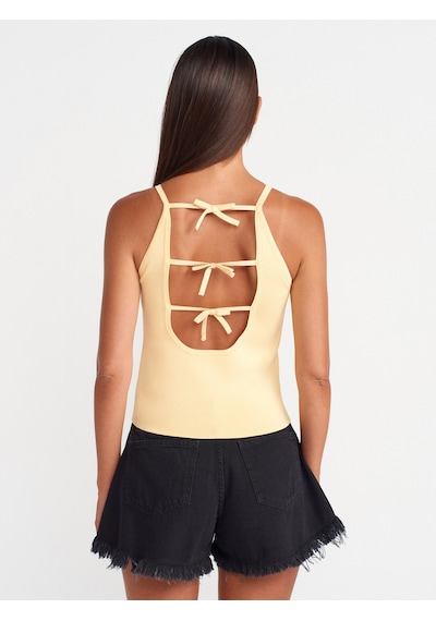 Dilvin 10772 Askılı Fiyonk Detaylı Triko Bluz-sarı Sari