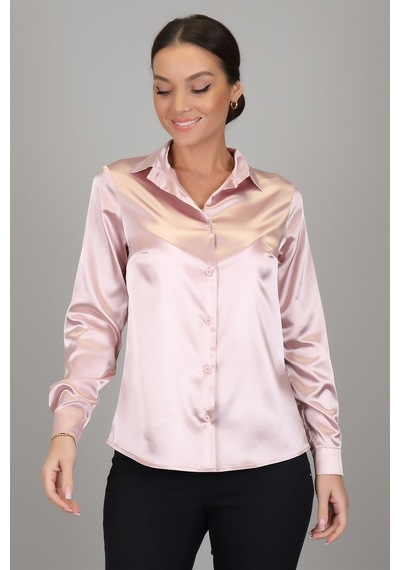 Sweetness Kadın Pudra Pembe Likralı Saten Uzun Kol Abiye Gömlek Pudra