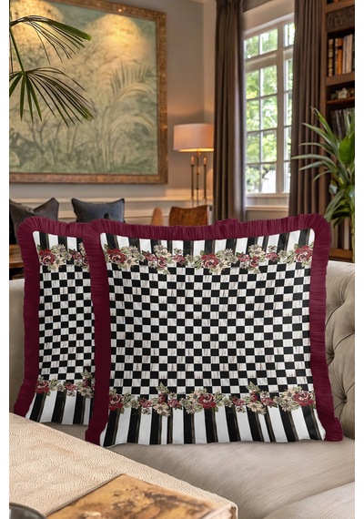 Luxe Ekose Çiçekli Saçaklı Yastık Kılıfı - Çizgili Romantik Vintage Bordo Püsküllü Kırlent Kılıfı Toprak Fırtına Mavisi Luxe Ekose Çiçekli Saçaklı Yastık Kılıfı - Çizgili Romantik Vintage Bordo Püsküllü Kırlent Kılıfı Toprak Fırtına Mavisi