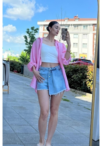 Kot Şort Etek Buz Mavisi-95 Mavi