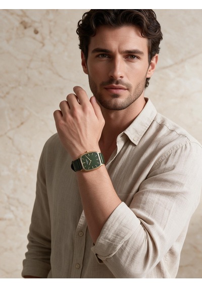 Lee Cooper Haki Deri Kayış Yeşil Kadran 32 Mm Dikdörtgen Erkek Kol Saati, Bileklik Hediyeli Gold