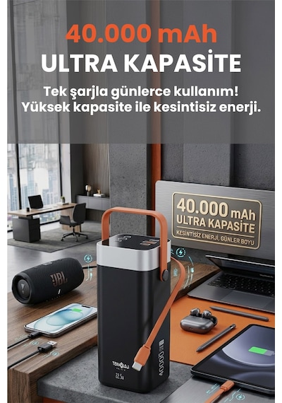 40.000 Mah Hızlı Şarj Powerbank Kamp Işığı Güçlü El Feneri Kablolu Göstergeli Taşınabilir Batarya Siyah