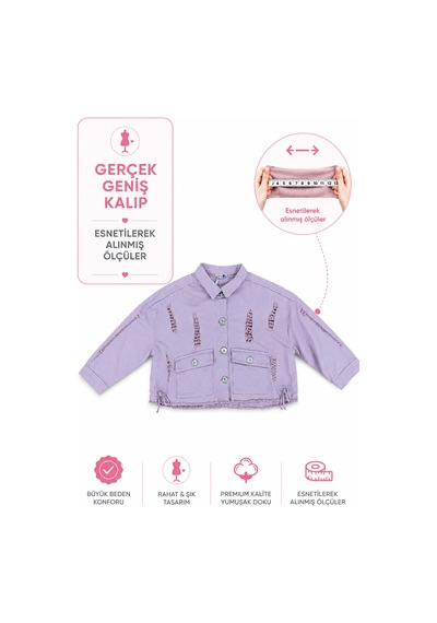 Büyük Beden Yakalı Düğme Detaylı Bağcıklı Ön Cepli Denim Kadın Ceket Pembe
