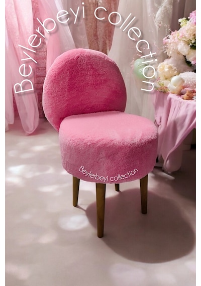 Makyaj Pufu, Sırtlı Puf, Pembe Peluş, Bench,puf, Yüksek Ayaklı Puf ,mini Berjer Pembe