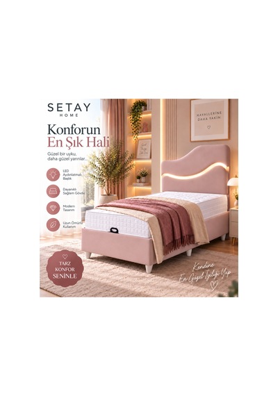 Baza Seti, Merry Ledli Tek Kişilik Baza Başlık Maxi Yatak Seti, Pembe - 100x200 Cm 100 x 200