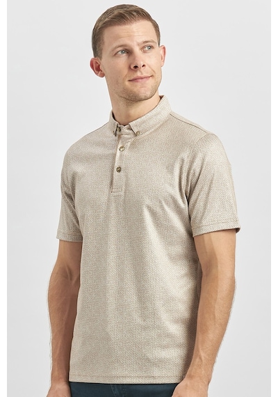 Bej Desenli Merserize Düğmeli Yaka Garnili Pamuklu Casual Slim Fit Dar Kesim Tişört 1011240164 Bej