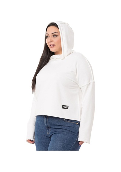 Büyük Beden Kapüşonlu Düşük Kollu Pis Dikişli Üç İplik Beyaz Sweatshirt-beyaz Beyaz
