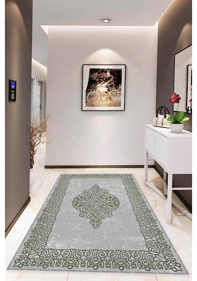 Yeşil Klasik Göbekli Kaymaz Tabanlı Dekoratif Halı Mk47n11