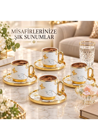 Valkyrie 12 Parça 6 Kişilik 80 Ml Türk Kahvesi Fincan Takımı Gold Kelebek Desenli K651-b