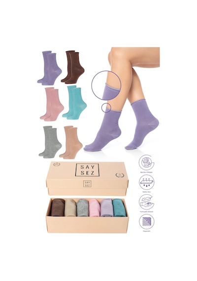 Saysez Bambu Kadın Lastiksiz Renkli Soket Dikişsiz Premium Çorap Kutulu 6'lı / İz Bırakmaz / Sıkmayan Çorap Renkli
