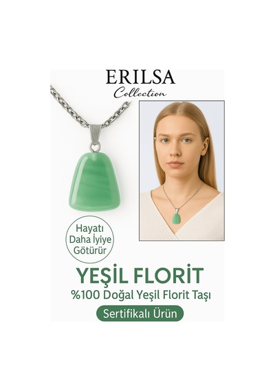 Erilsa Sertifikalı Aaa+ Yeşil Florit Taşı Kolye Beşgen Model, Gümüş Ap Çok Renkli