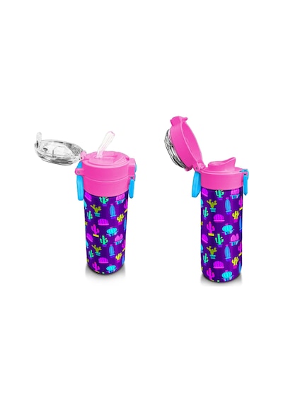 Coral High Kız Çocuk İçin 500 Ml'lik Paslanmaz Çelik Termos/suluk - Mor Pembe Kaktüs Desenli Çok Renkli