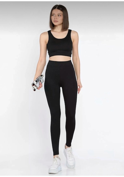 Butik Siyah Kadın Kalın Askılı Fitilli Crop Yüksek Bel Sporcu Tayt İkili Takım SiYAH