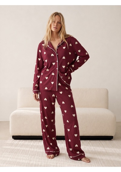 Siyah İnci Düğmeli Biyeli Oversize Pamuklu Örme Pijama Takım 8071 Vişne