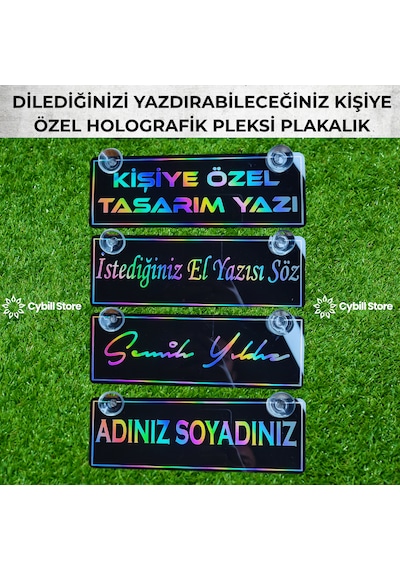Kişiye Özel Hologram Vantuzlu Dekor Plaka Parlak Siyah Pleksi Oto Aksesuar Vantuzlu 22x7,5 Cm Lazer Kesim