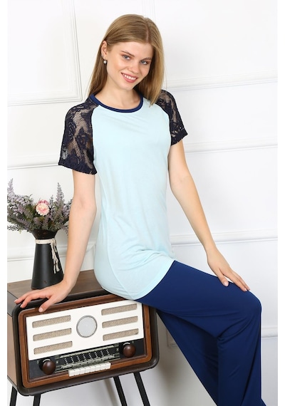 Akbeniz Kadın Kolu Dantelli Penye Pijama Takım 4148 - 3xl Su Yeşili