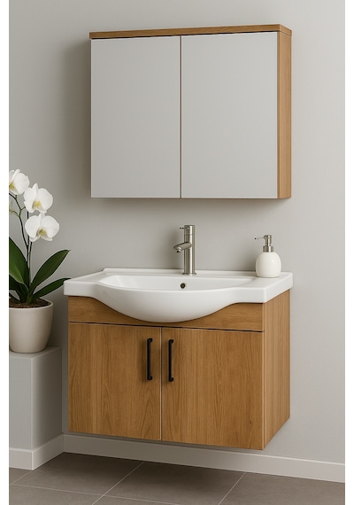 DMZ Home Concept Nova 80 Cm Ahşap renkli, Tamamı Mdf, Oval Seramik Lavabolu, Alt ve Üst Dolaplı