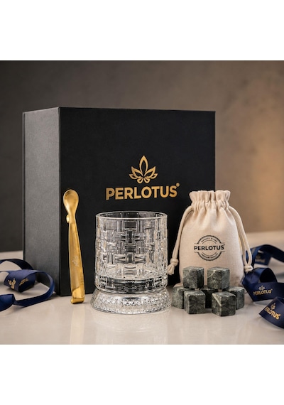 Perlotus 360 Döner Viski Bardağı Hediye Seti 6'lı Granit Viski Taşı, Gold Çelik Maşa, Kese Premium Kutulu Set Şeffaf