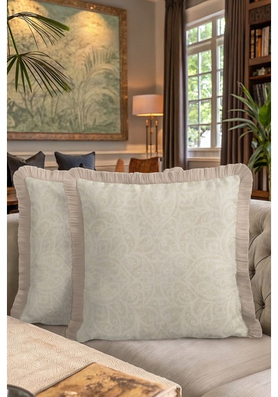 Barok Lüks Saçaklı Yastık Kılıfı - Krem Klasik Zarif Country Bej Püsküllü Kırlent Kılıfı Tozlu Adaçayı Nar