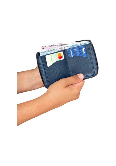Premium Serisi Özel Kutulu Lüks Deri Yatay Fermuarlı Spor Cüzdan Kemer Kartlık Ve Bileklik Erkek Set Lacivert