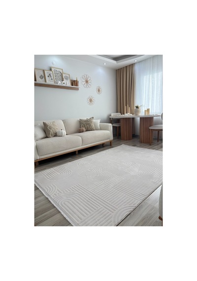 Alize Modern Geometrik Kabartmalı Krem Halı - Saçaklı İskandinav Tarzı Salon Oda Halısı Krem
