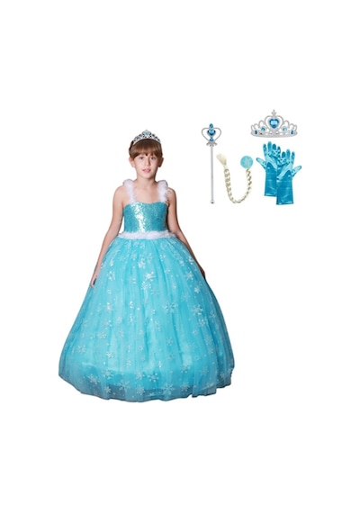 Butikhappykids Prenses Elsa Askılı Elsa Kostüm Taç Asa Saç Eldiven 1-12 Yaş Mavi