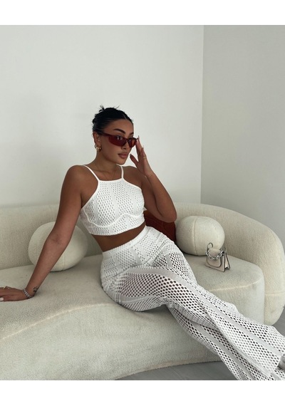 Fashion Cocktail Kısa Astarlı Fileli Lastik Bel Dar Kombin Modern Pantolon Beyaz