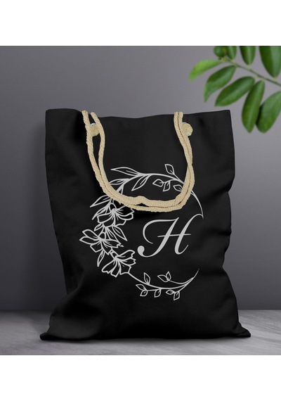 Bk Gift Kişiye Özel Harfli Siyah Halat Saplı Kumaş Bez Çanta-4, Baskılı Omuz Çantası, Alışveriş Çantası