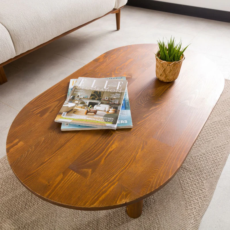 Furnirem Masif Çam Ahşap Oval Orta Sehpa Modern Salon Sehpası 76x45 Cm Ceviz