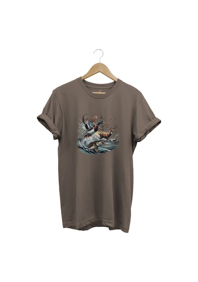 Avcılık Temalı Geyik, Ördek Ve Balık Tasarımlı %100 Pamuk Unisex Regular Fit T-shirt Kahverengi